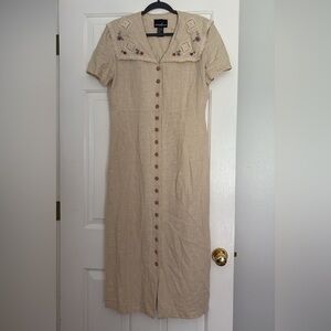 Positive Attitude Cream Button-Front Midi linen Dress with Embroidered Collar